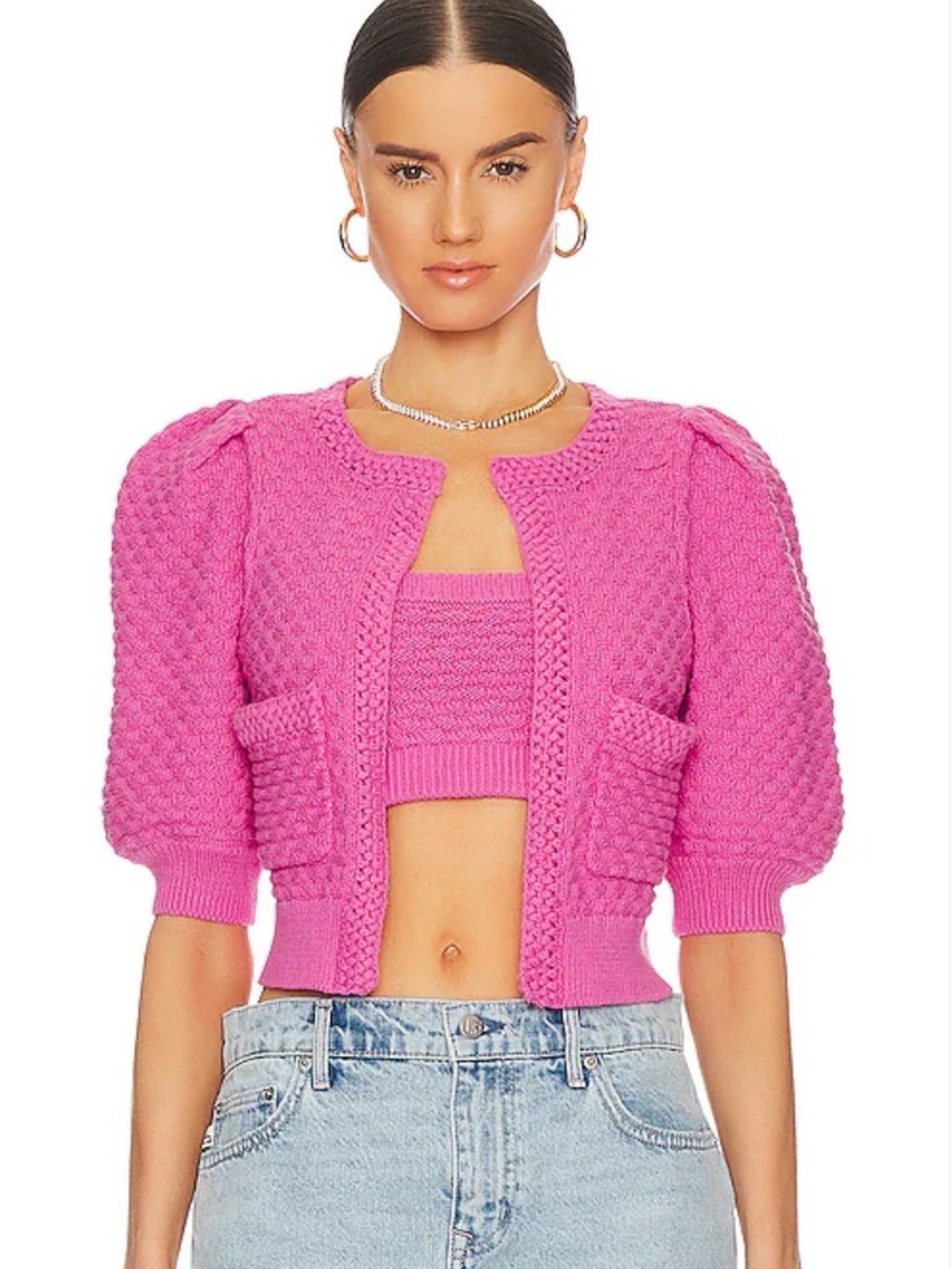 MAJORELLE Tamal Hot Pink Textured Puff-Sleeve Cropped Cardigan Set Size XS